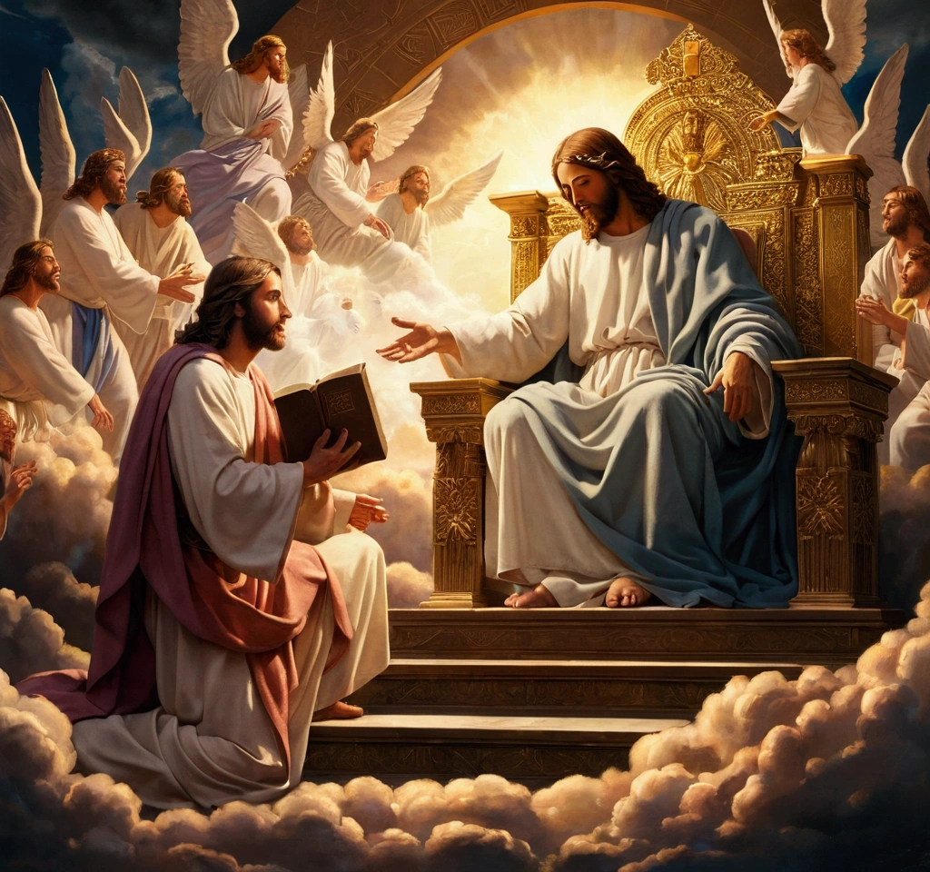 painting of jesus sitting on a throne with angels surrounding him, sat in his throne, bible illustration, biblical painting, religious painting, epic biblical depiction, biblical art, catholic religious art, divine realm of gods, christian art, beautiful depiction, heaven on earth, religious art, by Hristofor Žefarović, by Arthur Pan, sitting on his throne