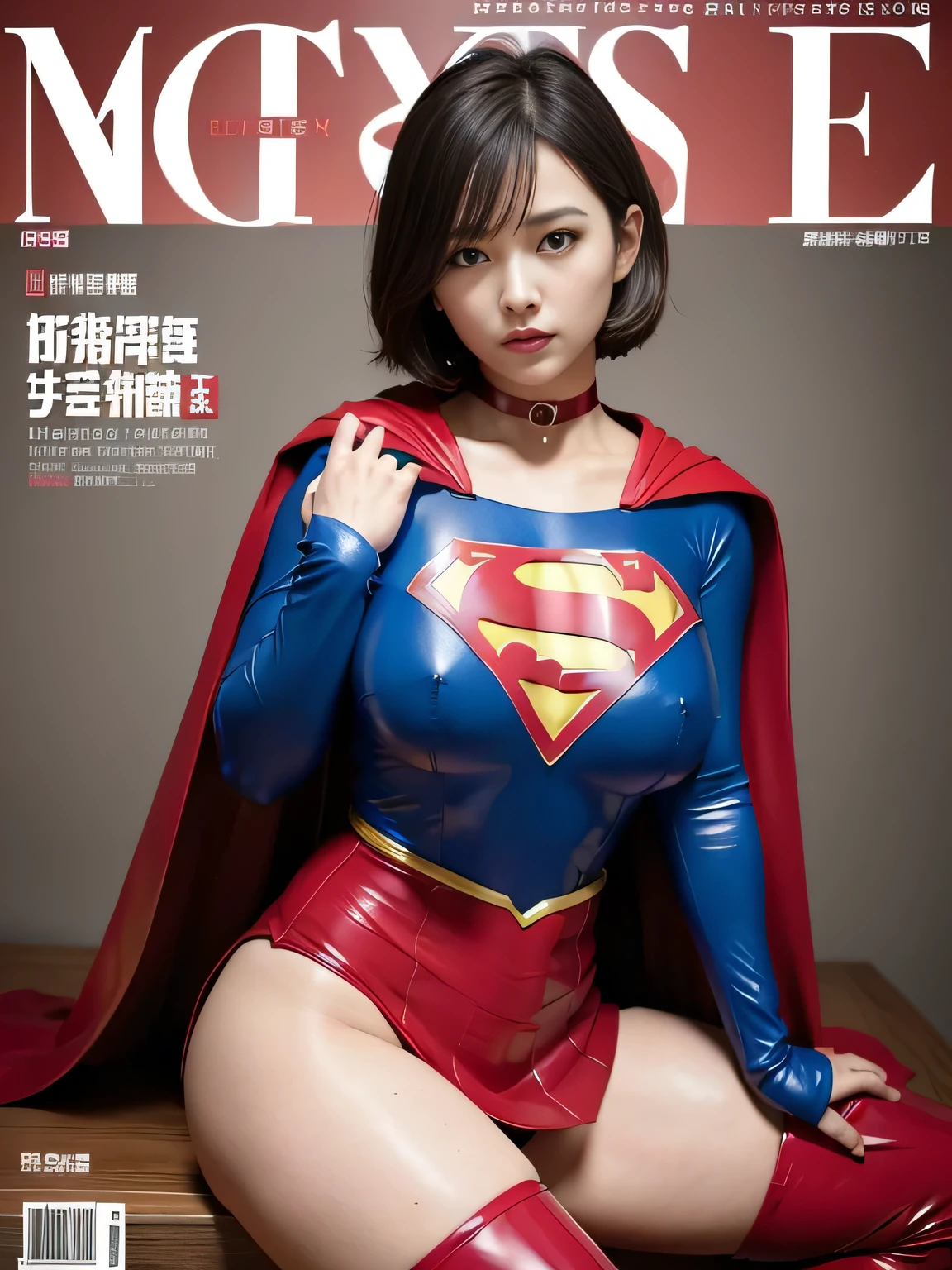 masterpiece、Rubber Supergirl Costume、short hair、Red rubber long boots、Big and ample breasts、looking at the camera、choker、Long sleeve、Cape、mini skirt、Off the shoulder、Sweaty skin、Hospital room、Photo magazine cover、Crossing your legs、Beautiful thighs、Knee-length boots、wallpaper for pc、