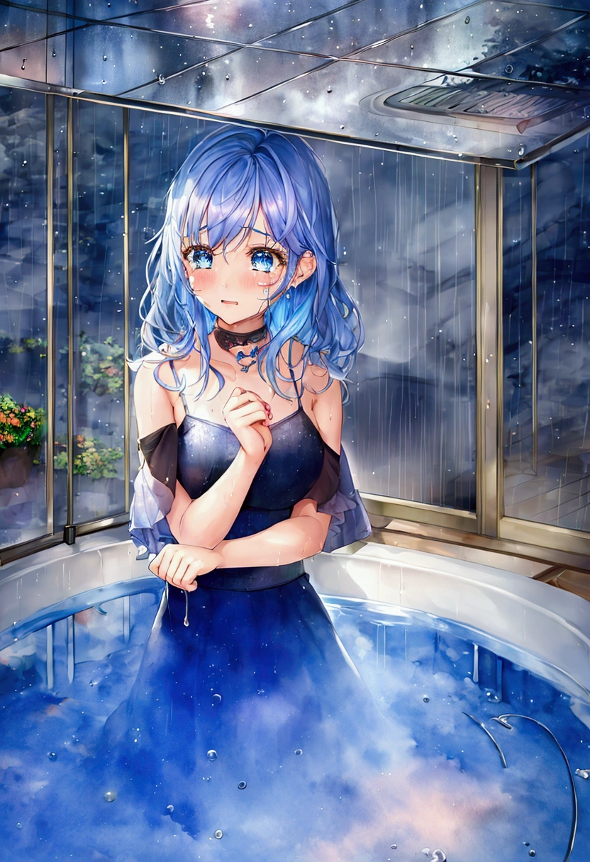 1girl, watercolor painting, high school girl, 18 years old, blue world, rain, rainbow raindrops, fantasy, sad expression, tears, crying, puddle, mirror-like reflection, bokeh, best quality, 4k, 8k, highres, masterpiece:1.2, ultra-detailed, realistic, photorealistic, photo-realistic:1.37, vivid colors, professional