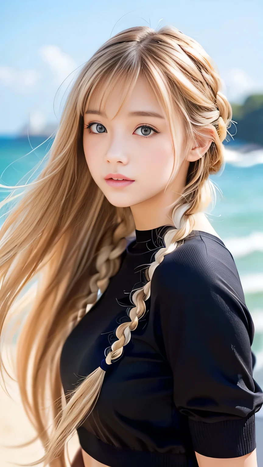 Sexy Big 、Sexy cute looks and cute  beautiful girl, beautiful and sexy face、A strong wind blows my hair in front of my face、beautiful long blonde French braided hair、beautiful, Cute and sexy eyes hidden behind long bangs