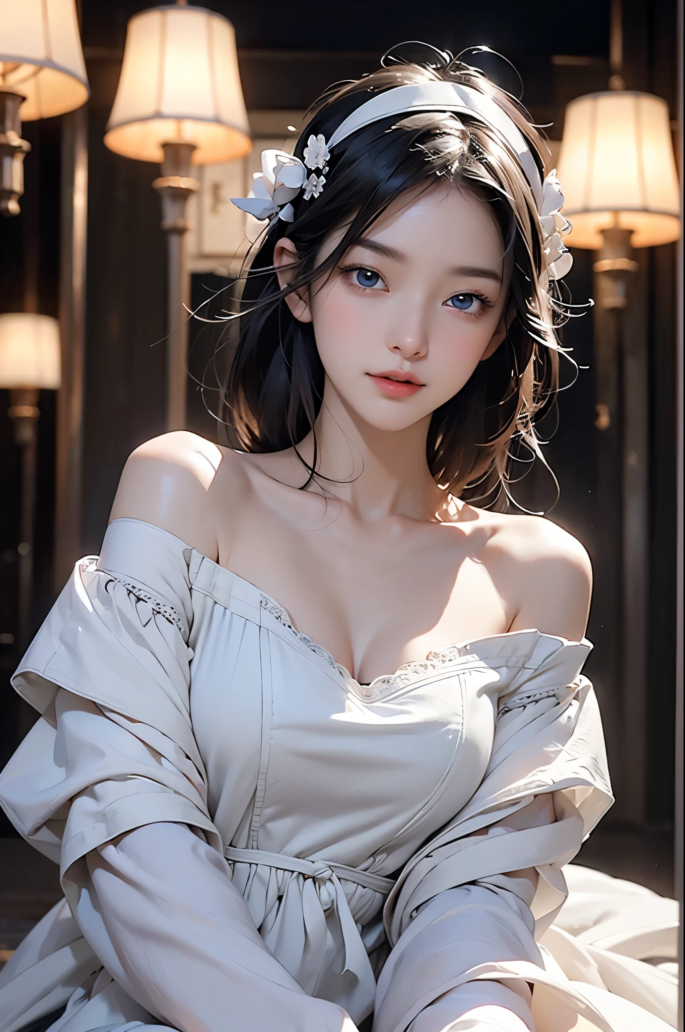 masterpiece, best quality, Very detailed, Facing the camera, 複雑に詳細なVery detailed, Practical, Distinctive features, Very detailed, Clear focus, Perfect face, Perfect face, Perfect eyes with perfect symmetry, Perfect plump lips, Flexible female form, Movie, lamp, Very detailed, hyper Practical, masterpiece, atmosphere, high resolution, Energetic, 动态工作室lamp光, ((Dark background)), Endure the expression of happiness, Straight bangs, blue eyes,Cowboy shooting,Expression of sexual arousal、White off-the-shoulder wedding dress、Headdress