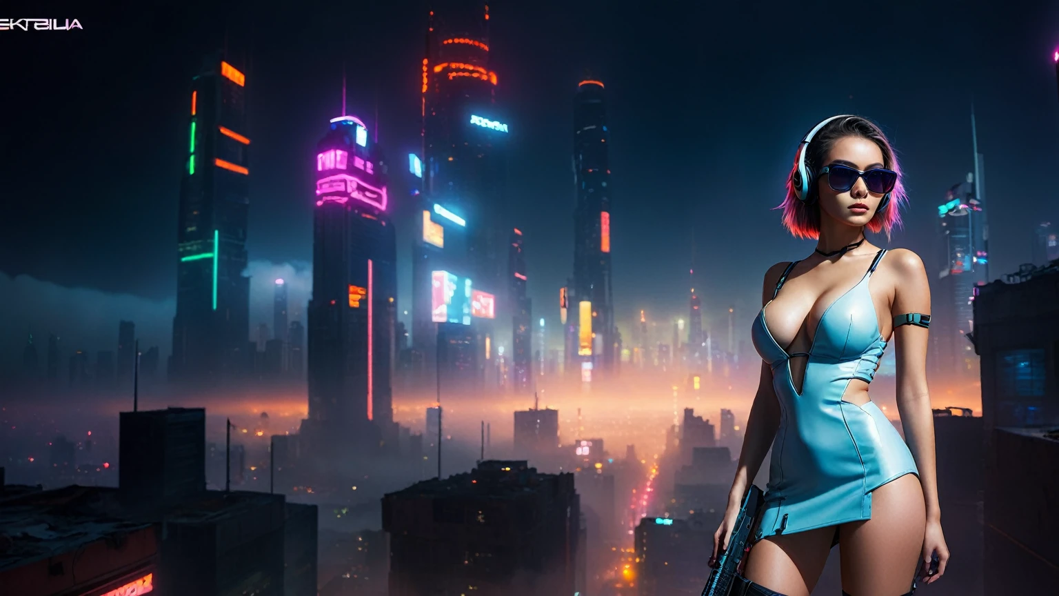 dark futuristic landscape, at night, neon lights, Atmospheric fog, large buildings in the background, futuristic city, streets with open shops, skyscraper (postapocalyptic city:1.3). (((1girl, solo, alone))), large-breast:1.2 slim body, cleavage:1.1, sexy miniskirt, (((headphone, black sunglasses, standing and holding pistol pose))), (((half-body thigh level medium shot))), cinematic lighting, lens flare, ray tracing.