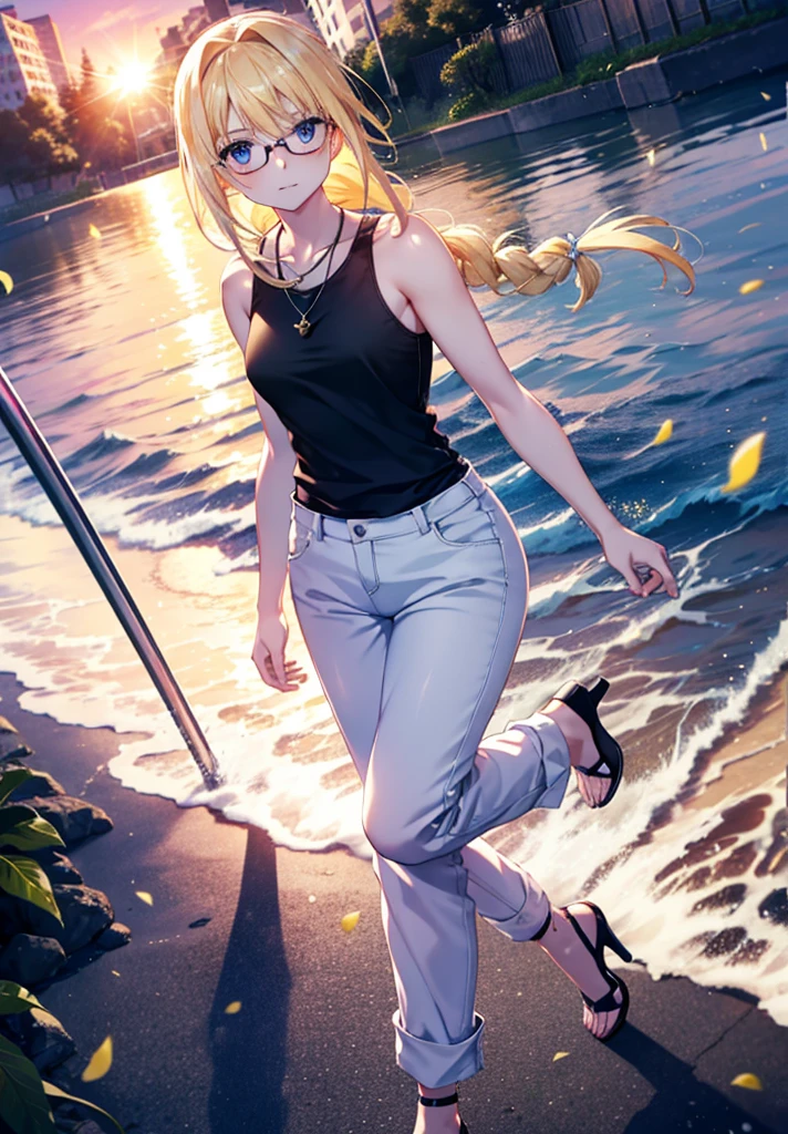 Alicesburg, Alice Zuberg, bangs, blue eyes, Blonde, Hair between the eyes, Very long braid, hair band, white hair band,Black-rimmed glasses,Yellow Tank Top,Locket Necklace,skinny pants,Stiletto heels,Walking,morning,morning陽,The sun is rising,whole bodyがイラストに入るように,smile,blush,
break outside, Residential Street,
break looking at viewer, whole body,
break (masterpiece:1.2), Highest quality, High resolution, unity 8k wallpaper, (figure:0.8), (Beautiful attention to detail:1.6), Highly detailed face, Perfect lighting, Highly detailed CG, (Perfect hands, Perfect Anatomy),