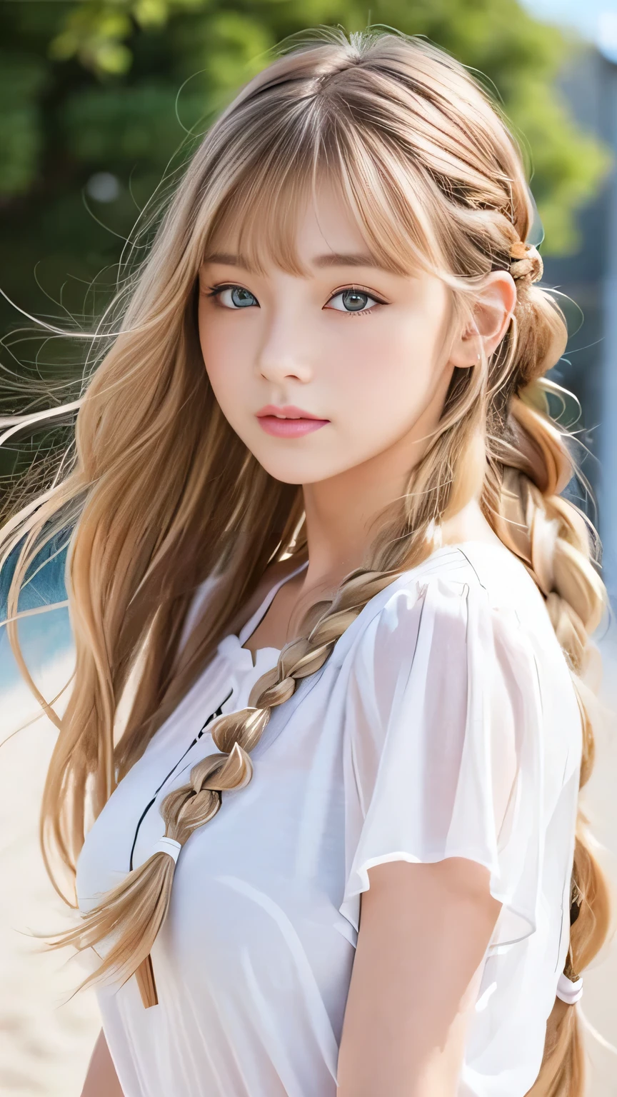 Sexy Big 、Sexy cute looks and cute beautiful girl, beautiful and sexy face、A strong wind blows my hair in front of my face、beautiful long blonde French braided hair、beautiful, Cute and sexy eyes hidden behind long bangs