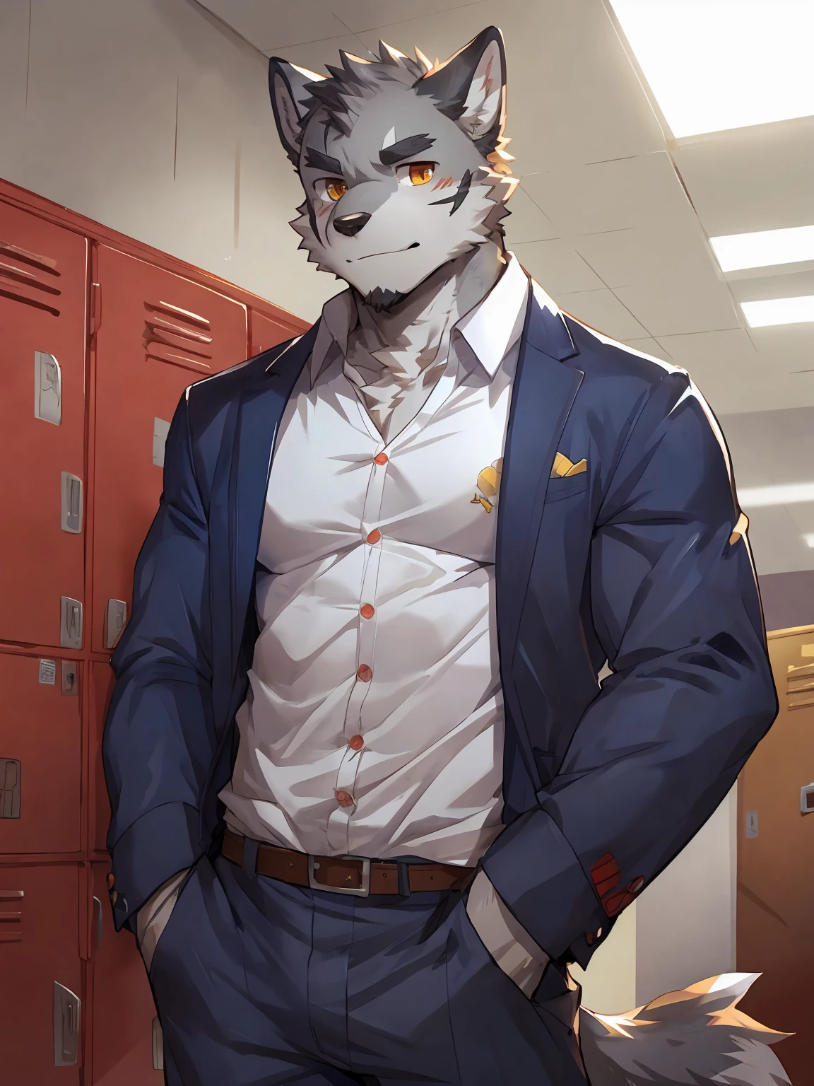 embedding:Gray wolf,Golden Eyes,Single Person,a scar on the face.Gray fur,High school students,male school uniform,A buzz cut,no hair,Standing by the school locker,Male,Handsome,muscle,A little nervous,Smart,Best quality hands, best quality eye,detailed fur,Delicate eyes.Extreme picture quality,by sollyz,by zixiong,by milkytiger1145