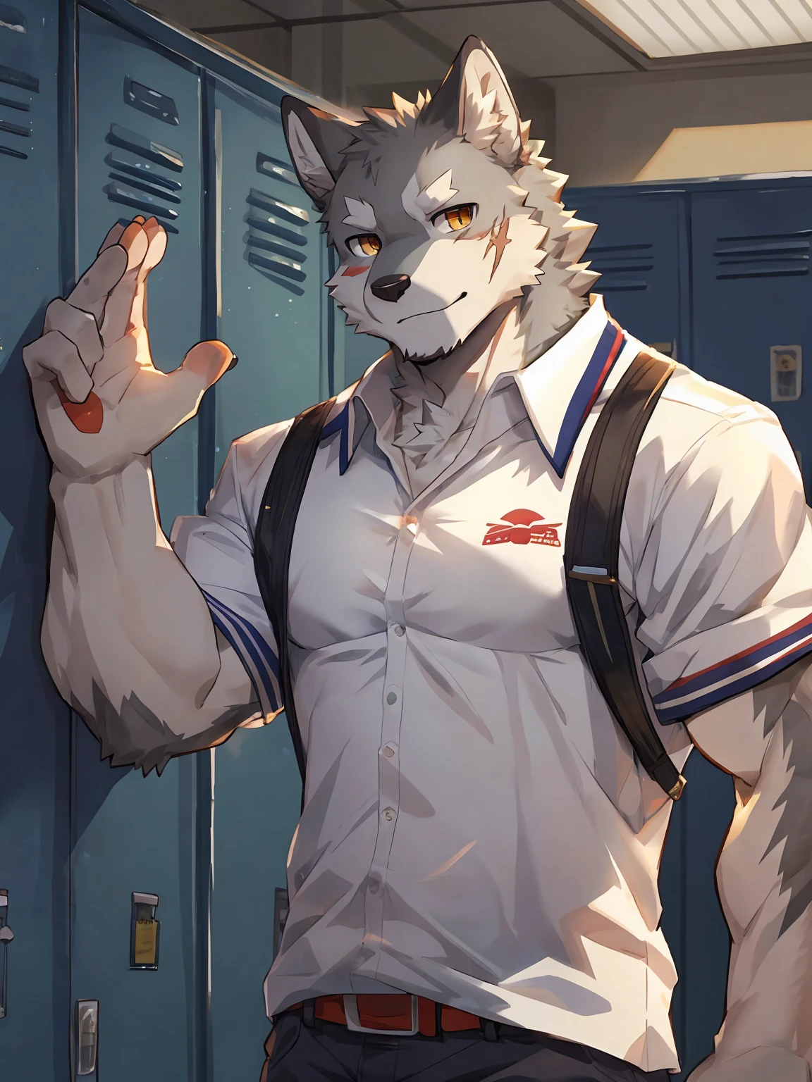 embedding:Gray wolf,Golden Eyes，Single Person,a scar on the face.Gray fur，High school students,male school uniform,A buzz cut,no hair,Standing by the school locker,Male,Handsome,muscle,A little nervous,Smart,Best quality hands, best quality eye，detailed fur，Delicate eyes.Extreme picture quality，by sollyz,by zixiong,by milkytiger1145