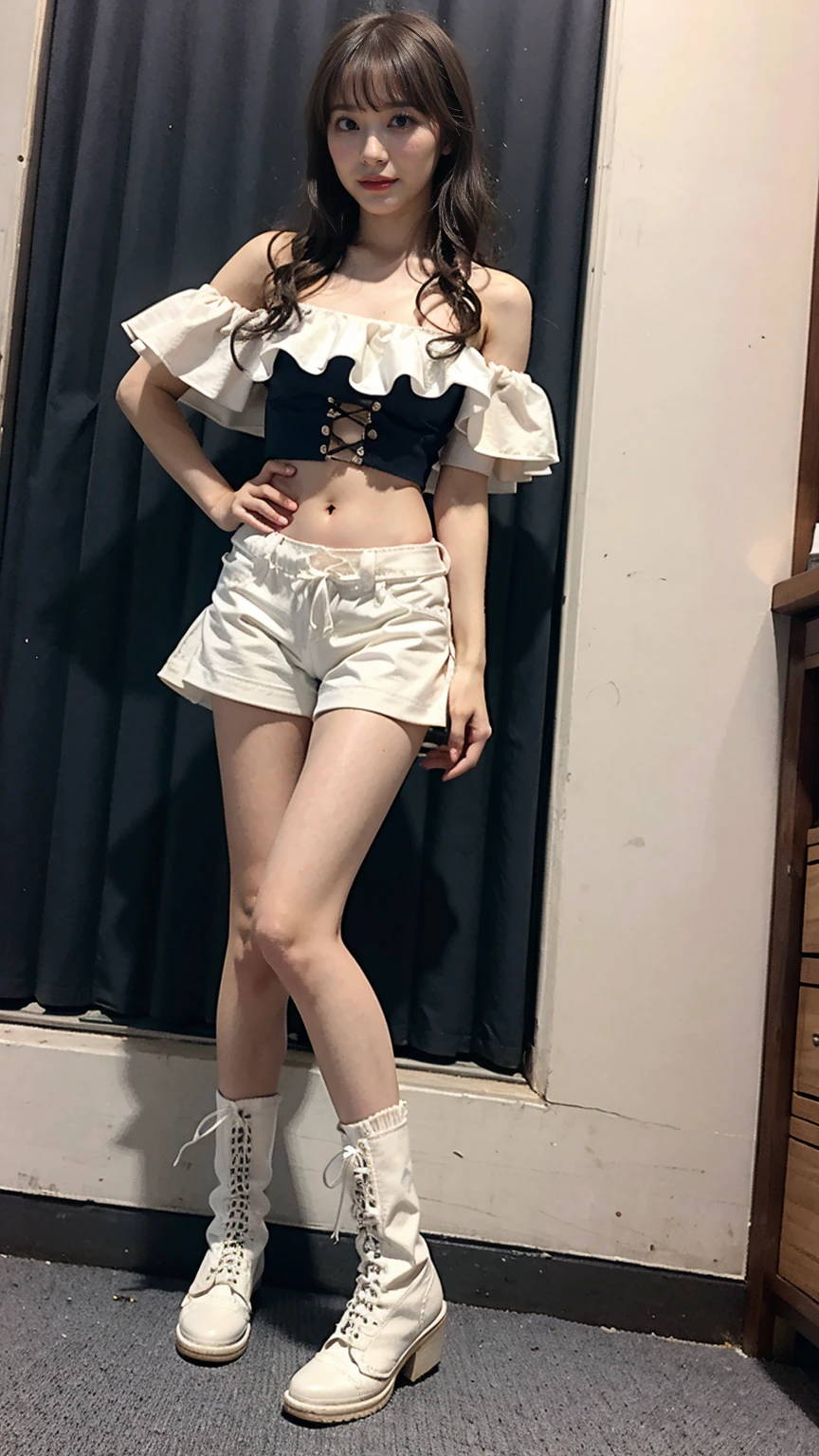 (8k、RAW Photos、Highest quality、masterpiece:1.2)、(Highest quality、Realistic)、1 Girl、((Frills、Yellow tube top、Shorts、leather、Off the shoulder、Idol Costume、ribbon、See-through、Thin legs、whole body、boots、garden、View from the front、Looking into the camera、Stand with hands on hips))、cute