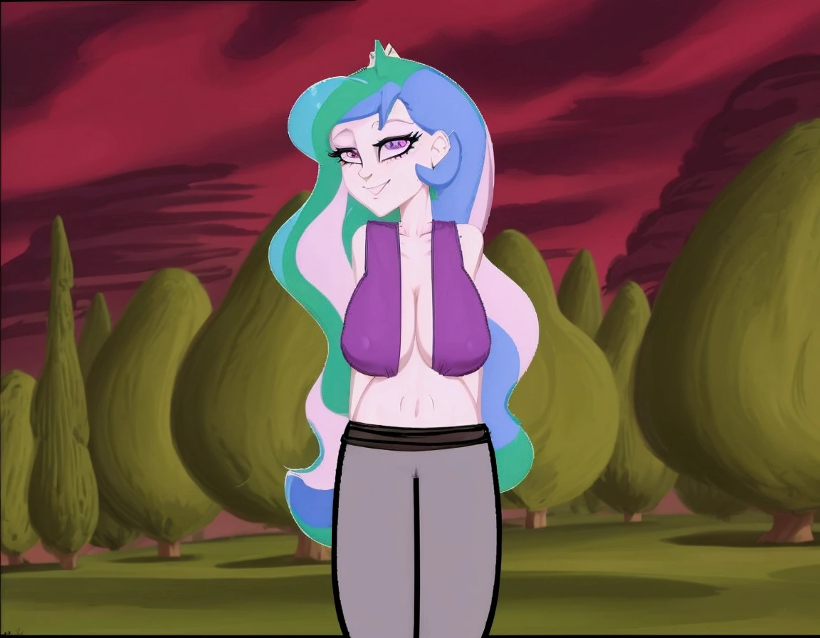 cartoon of a woman with long hair and a purple top, doing a hot majestic pose, windy mane, serpentine pose, cell shaded adult animation, she has purple hair, anthropomorphic mare, her hair is in a pony tail, furr covering her chest, she has pale blue skin!!!, dramatic smirk pose, distant full body shot, sie boob