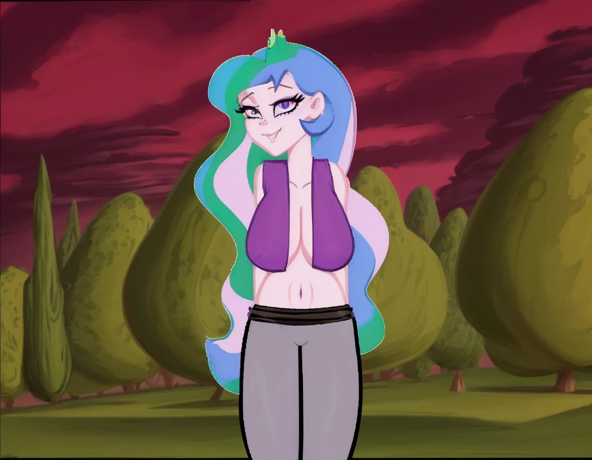 cartoon of a woman with long hair and a purple top, doing a hot majestic pose, windy mane, serpentine pose, cell shaded adult animation, she has purple hair, anthropomorphic mare, her hair is in a pony tail, furr covering her chest, she has pale blue skin!!!, dramatic smirk pose, distant full body shot, sie boob