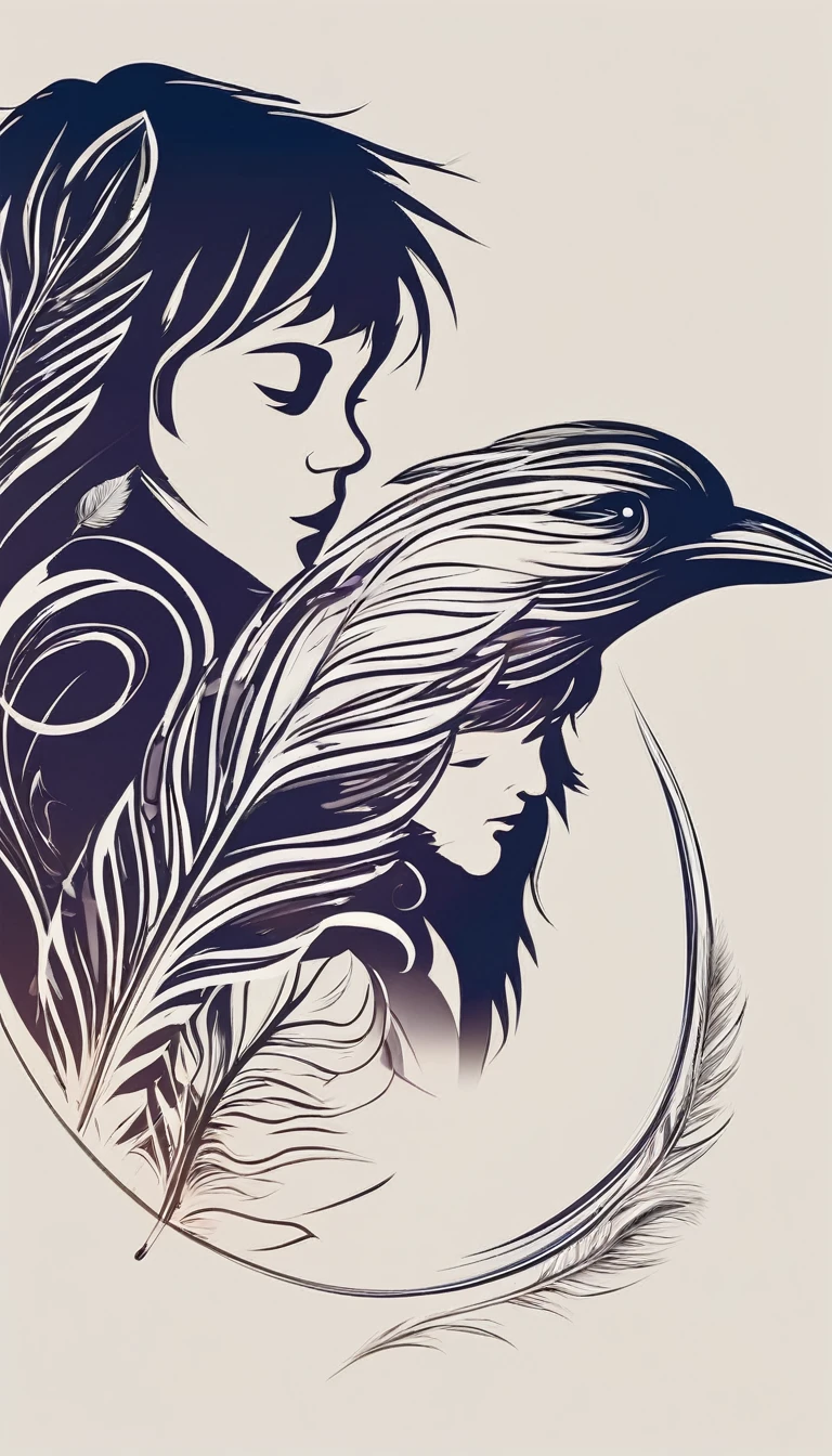 A minimalist, fantastic, poetic, dreamy, captivating, memorable, masterpiece, modern, simple logo design of a boy and a feather for the brand “Penamemoria". The logo must convey a sense of music, stories and dreams. Minimalistic logo design of a boy and a feather.