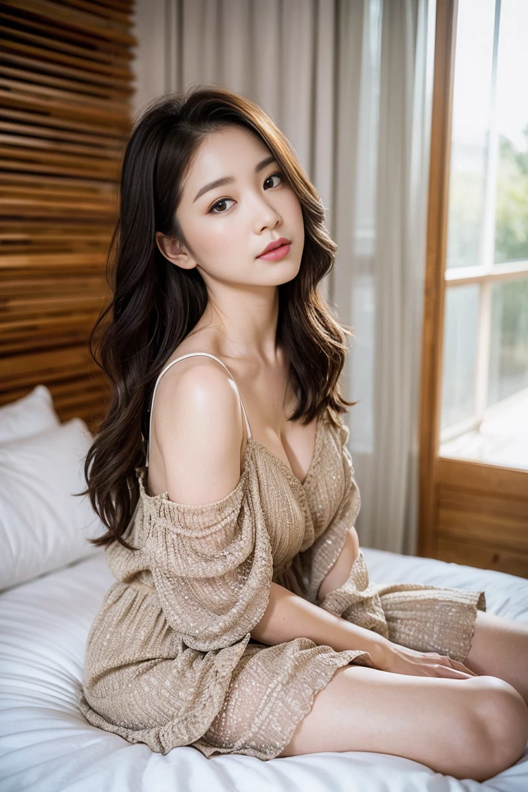Dark brown hair、Light brown eyes、Japanese actress、 Lady、I am about 40 years old.....、(Intricate details:1.2)、(Which is more expensive?????:1.4)、 (Ultra-high resolution:1.2)、Ultra-high resolution、(fine adjustment)、(Detailed facial features)、Hmph、8k解像度、D cup size breasts、Long Hair、Large windows、Extravagant space、relax、、,Full body photo、Head to toe shot、Beautiful feet、Camisole dress、Beautiful feet、night景が見える部屋,、she, household items, (plant:0.8), Fashion Hub, Very detailedな, Very detailed, Realistic, Hourglass Shaped Body, Obscene pose,、、私 cry a lot、tears、White wall、White floor、diagonally from below、please lift your chin、relaxした表情、Pose of Weakness、(auraroid photo:1.2)、From outside the window、Transparent painting、8k、32K、Highest quality、(Details of both eyes)、1 girl、elegant、(Loose dress :1.4)、sunset、sit、(Stretch your hands out and lift them up、Look here through the gap:1.2)、、Looking into the camera、Top view、Put your head on the bed、Black Pink Jenny、Brush your hair back、night、Dark Room、