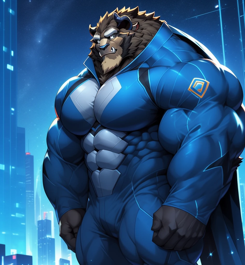 City background, skyscraper, futuristic city, night, stars, night lights, Beast from the movie Beauty and the Beast, Superhero, hero, Nadaria, massive muscles, huge pecs, chiseled ABS, huge pecs, exaggeratedly huge muscles. A furry hero whose presence inspires trust and respect. (((His hero suit is black and blue.)))
