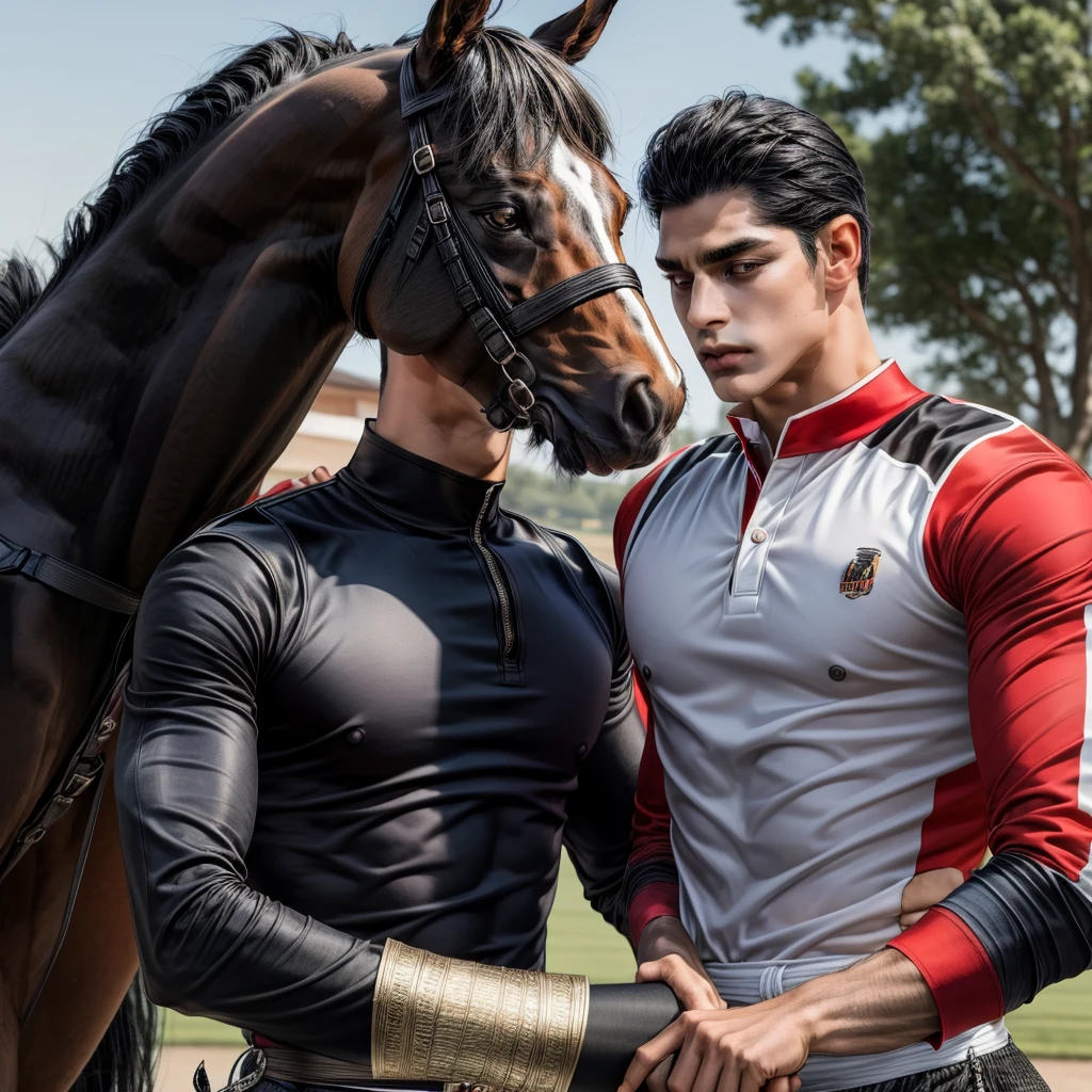 Create a muscular, attractive, black hair with somewhat tan skin, racing silks outfit with bright and colorful colors inspired by polo men. Black horse in the background
