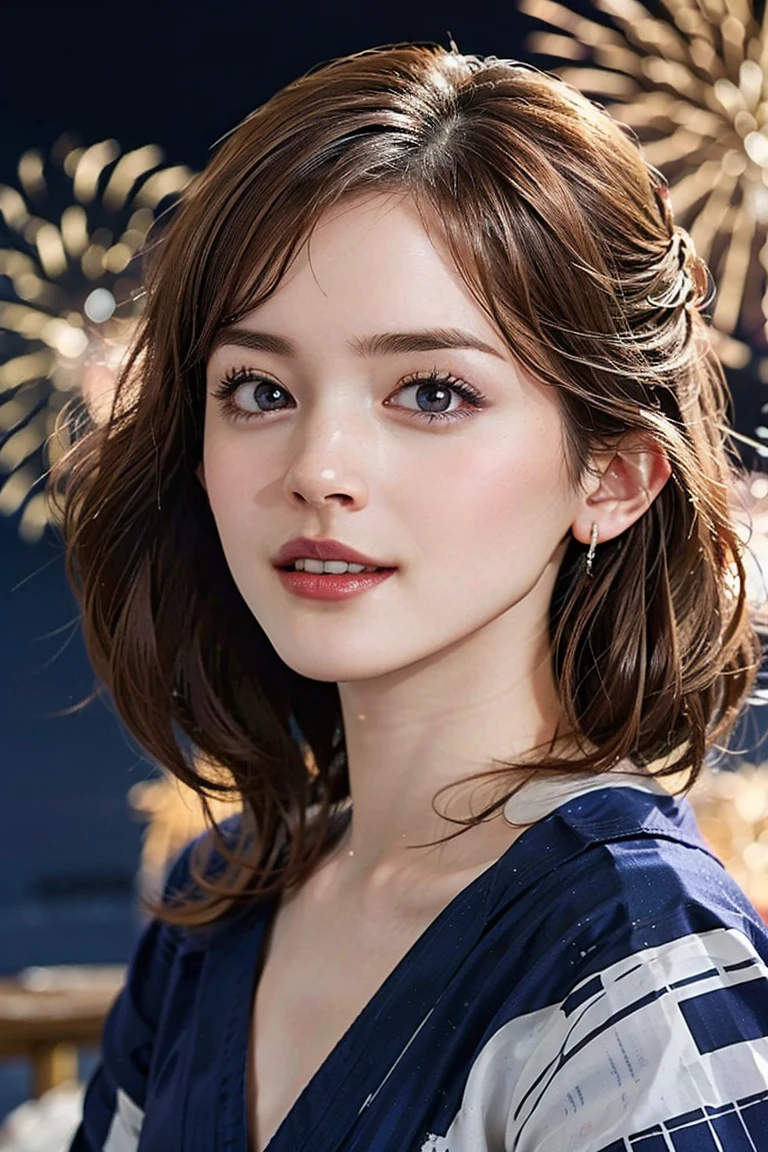 (Preserve face images), (((水を飲む)))、pale face:1.3、Super thin face:1.3, (very big eyes:1.5)、 (blown eyes:1.5), master piece、8k, {highest quality}, {{masterpiece}}, {very delicate and beautiful}, (((Mid-range shooting))), outstanding light and shadow, highly detailed wallpaper, clear and bright sunlight, (((Full body))), 1 girl, blush、(Light brown colour hair), ((Face illuminated by fireworks)), (((A classic yukata pattern with blue-purple irises and black vertical stripes on an off-white background ))), colour々A pose:1.5, necklace、ring、earrings,(Toothless smile:1,5), ((Mid-range shooting))、(((Looking up at fireworks in the sky)))、Seaside fireworks display