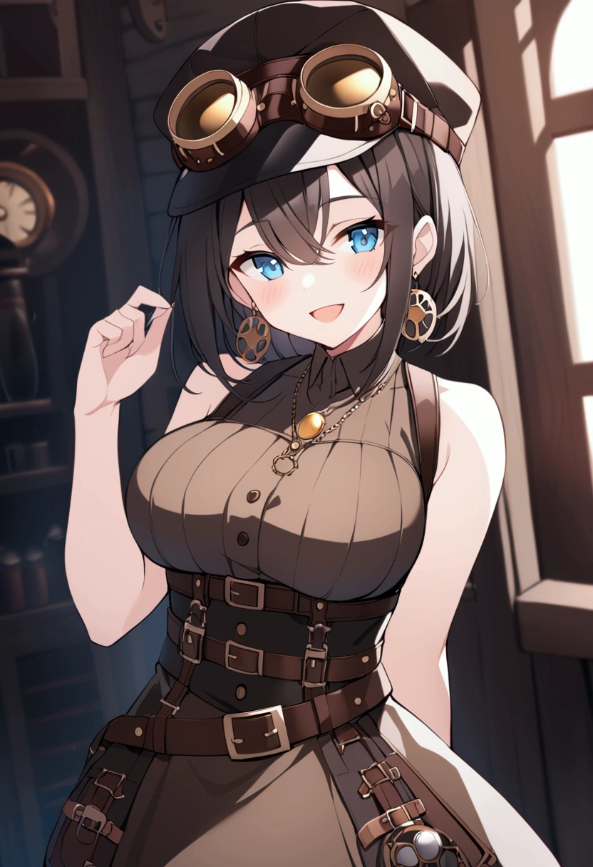 slender, mature female,steampunk, 1girl, goggles, breasts, open_mouth, smile, looking_at_viewer, blush, blue_eyes, bare_shoulders, belt, :d, solo, goggles_on_head, jewelry, black_hair, hat, short_hair, large_breasts, sleeveless, brown_hair, medium_breasts, black_headwear, multiple_belts, bangs, hair_between_eyes, bare_arms, brown_headwear, eyebrows_visible_through_hair, sidelocks, necklace, brown_belt, earrings, goggles_on_headwear, dress, buckle, blurry