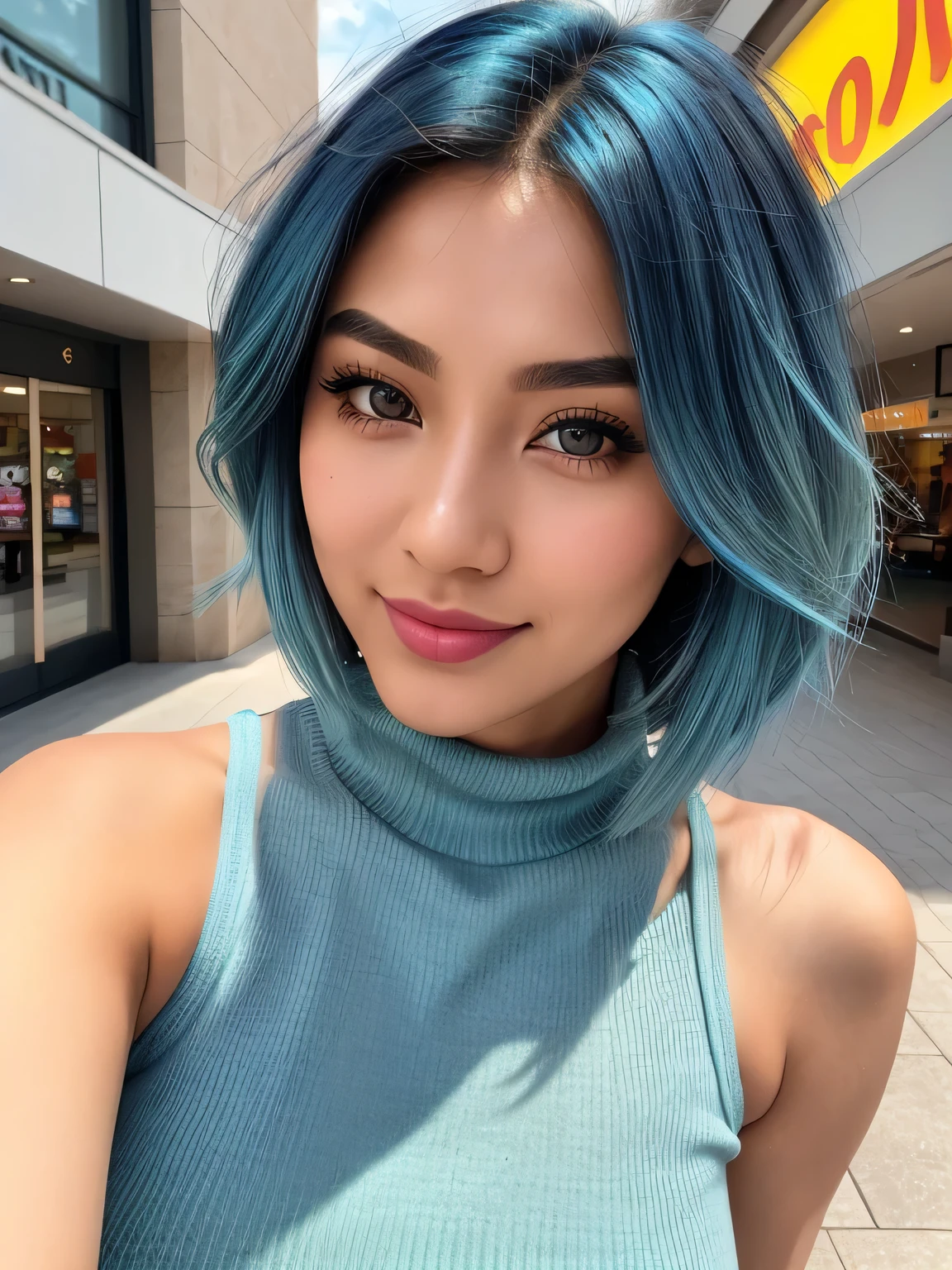 (blue hair:1.4), short hair, realistic green eyes, cobalt hair, long bob hair, tousled hair, shoulder length hair, Full body, woman with white skin and Asian features, 24 year old, big breast. She has a small, elegant nose with a slight upward curve at the tip. Her lips are full and naturally pink, with a well-defined Cupid's bow. Her teeth are straight and white, enhancing her captivating smile. Her face has an oval shape with high cheekbones that add to her model-like appearance. (crack), detailed (texture!, shine, color!!, flaws: 1.1), highly detailed glowing eyes, (looking at camera), specular light, dslr, extreme quality, crystal clear, cute face, detailed skin pores, oil Dark skin, brown, complex eye details, she is far from the camera, A full-body portrait, captured from a distance. Dynamic Frame, 8K,(cowboy shot, waist, hips, (thighs:1.2)), ((outdoors, shopping mall, at night)), ((walking)) ((colorful floral print tight turtleneck dress)), (lipstick, eyeliner, eye shadow), perfect hourglass figure, slight smile, (short hair:1.3).
, (short hair:1.3)