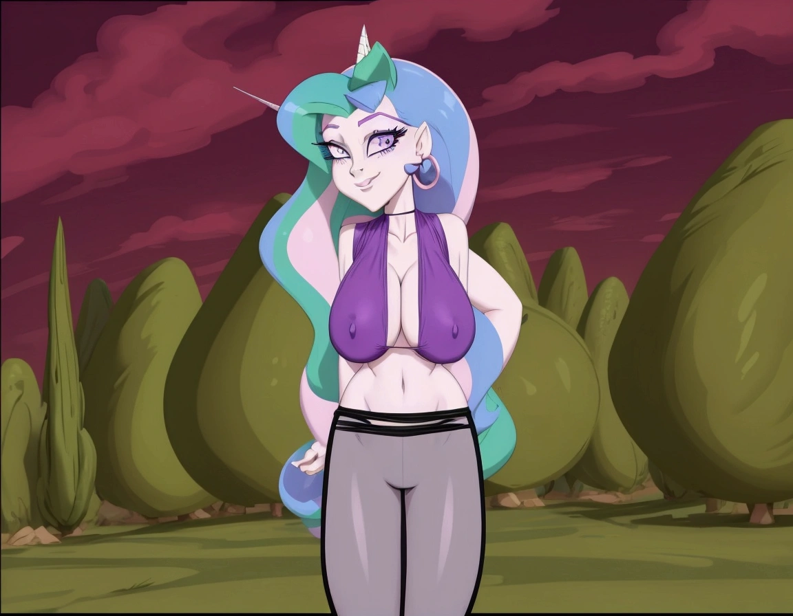 cartoon of a woman with long hair and a purple top, doing a hot majestic pose, windy mane, serpentine pose, cell shaded adult animation, she has purple hair, anthropomorphic mare, her hair is in a pony tail, furr covering her chest, she has pale blue skin!!!, dramatic smirk pose, distant full body shot, sie boob