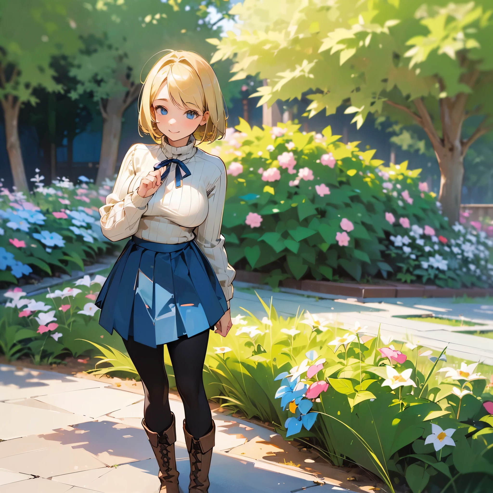(high quality, High resolution, Very detailed, reality:1.37), Peaceful atmosphere, (Outdoor, garden), Teenage girl standing alone, (my breasts are big.), Beautiful details, Cute Smile, (Blonde Bob Hair), Ribbed sweater, Blue Skirt, Black tights, Brown boots.