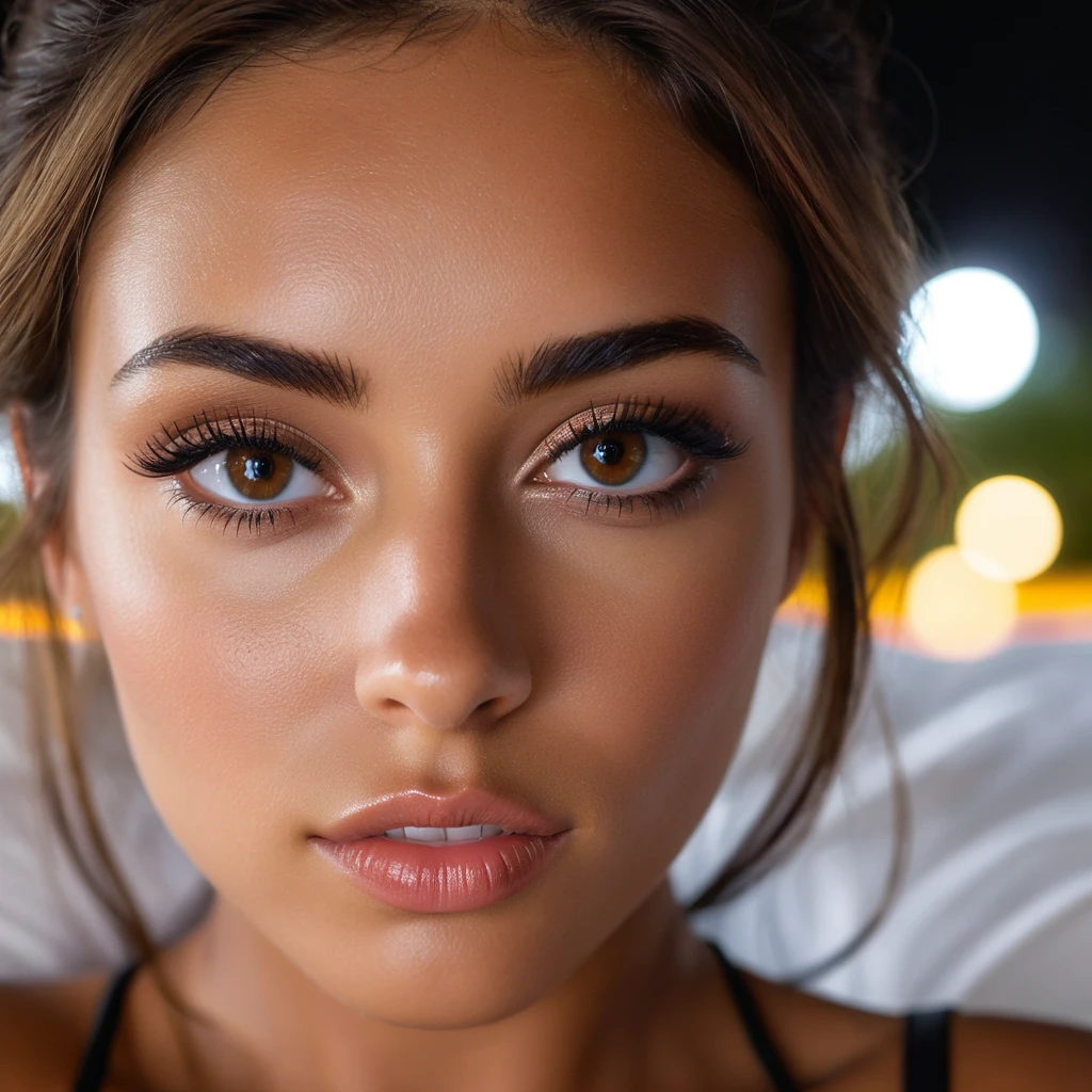 a Colombian woman with brown hair, yeux noirs, en sous vêtements debout à côté d'un lit, high quality, Belle pose, time, dribble, Coachella, Floride, full cheeks, flux, f4 visage parfait, symmetrical eyes, corps parfait, very detailed skin, peau mate, photographie professionnelle, 8k, photo brute, best quality, masterpiece, photo-realistic, very detailed, Cinematic lighting, sharpness, DSLR, high resolution, Photorealistic