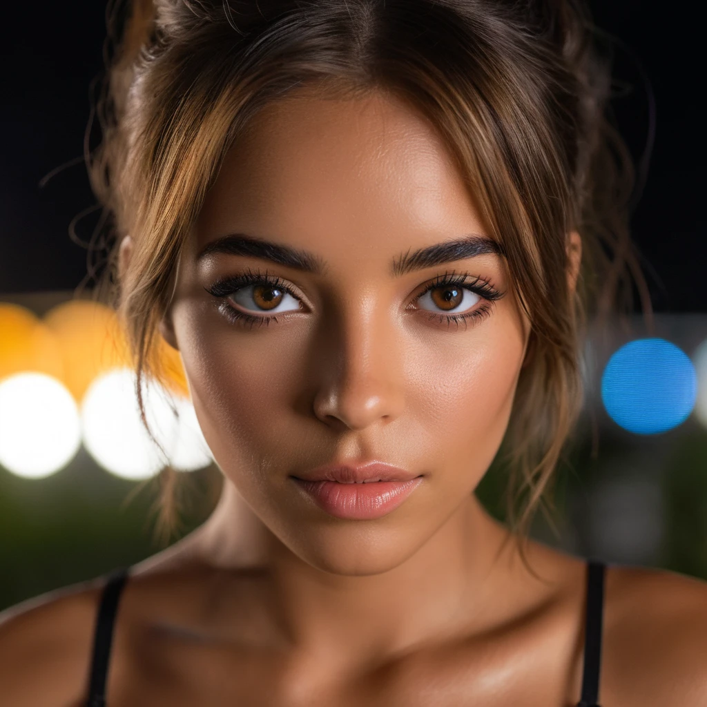 a Colombian woman with brown hair, yeux noirs, en sous vêtements debout à côté d'un lit, high quality, Belle pose, time, dribble, Coachella, Floride, full cheeks, flux, f4 visage parfait, symmetrical eyes, corps parfait, very detailed skin, peau mate, photographie professionnelle, 8k, photo brute, best quality, masterpiece, photo-realistic, very detailed, Cinematic lighting, sharpness, DSLR, high resolution, Photorealistic