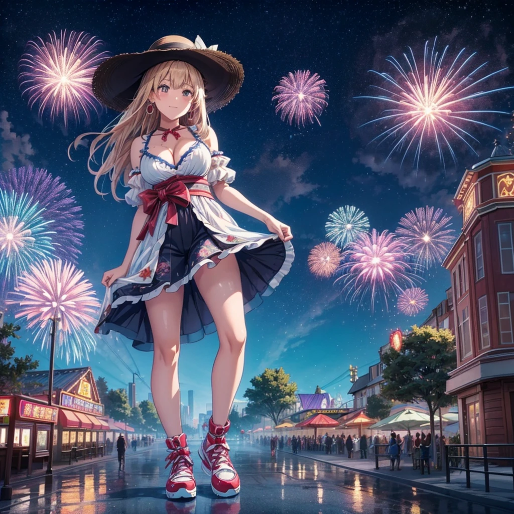 masterpiece　Unreal Engine　Anime Style　Delicate painting　4K　90's　((Night view))　((firework))　((Starry Sky))　giant　crowd　 　amusement park　　((amusement parkに立っている巨大な黒髪の水着の女の子))　clown　stuffed toy　roller coaster　Merry-go-round　crowd　Big Breasts　sneakers　Bikini Swimwear　paola　Straw hat　　　smile　　female giant giant girl Whole body 　 Destroyed skyscrapers Destroyed cars Crowd Unreal Engine,cleavage ,a drawing of a , earrings, long hair, 1980s (style) Cute picture　Beauty　Analog style　whole body　sneakers　