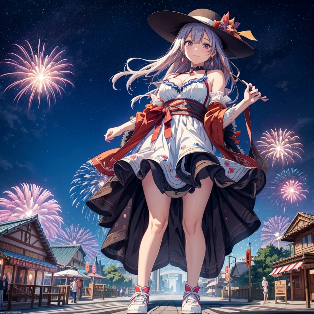masterpiece Unreal Engine Anime Style Delicate painting 4K 90's ((Night view)) ((firework)) ((Starry Sky)) giant crowd amusement park ((amusement parkに立っている巨大な黒髪の水着の女の子)) clown stuffed toy roller coaster Merry-go-round crowd Big Breasts sneakers Bikini Swimwear paola Straw hat smile female giant giant girl Whole body Destroyed skyscrapers Destroyed cars Crowd Unreal Engine,cleavage ,a drawing of a , earrings, long hair, 1980s (style) Cute picture Beauty Analog style whole body sneakers