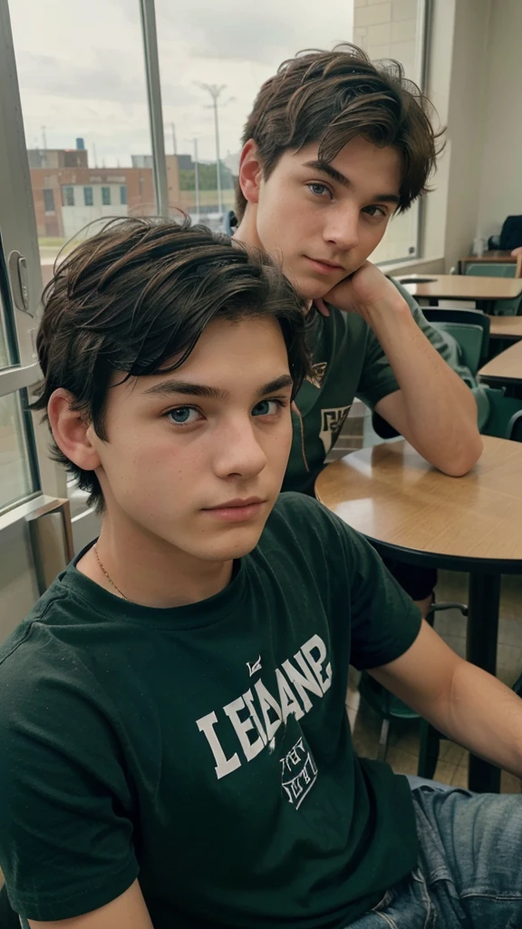 A -yeld boas sitting in the cafeteria of his high school., He had facial features that made him look cute., His short hair was a light raven color., He had heterochromia which differentiated him from the rest., with his left eye green and the other red, He seemed somewhat disinterested around him., I was not eating, in fact, I just looked at the window thoughtfully