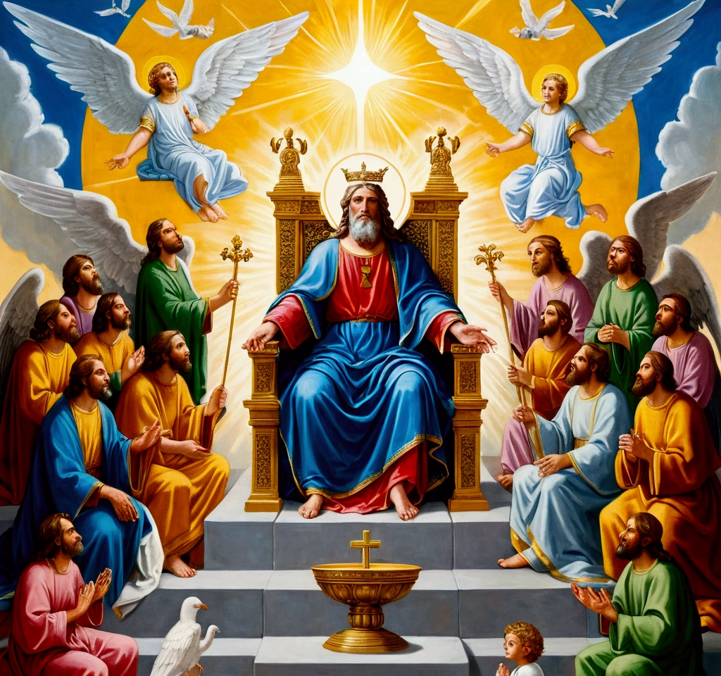 painting of God sitting on a throne with angels surrounding him, sat in his throne, bible illustration, biblical painting, religious painting, epic biblical depiction, biblical art, catholic religious art, divine realm of gods, christian art, beautiful depiction, heaven on earth, religious art, by Hristofor Žefarović, by Arthur Pan, sitting on his throne