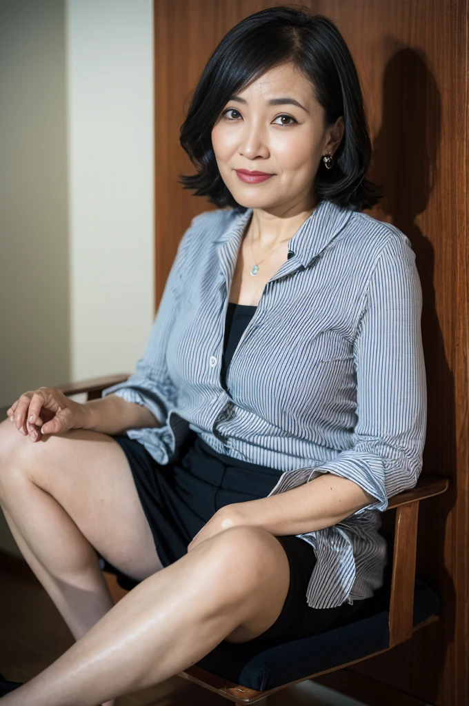 ((Best Quality, 8k, Masterpiece, Portrait: 1.3)), (looking at viewer),Photorealistic, Sharp Focus, Solo, Japan Milf, Beauty, Clothes with Cleavage View, 30 Years Old, Wavy Hair, Wrinkles at the Corners of the Eyes, ((Open your legs wide:1.5, Sit one knee up:1.5, show crotch)), (loose waist:0.5), darkness nobody room,