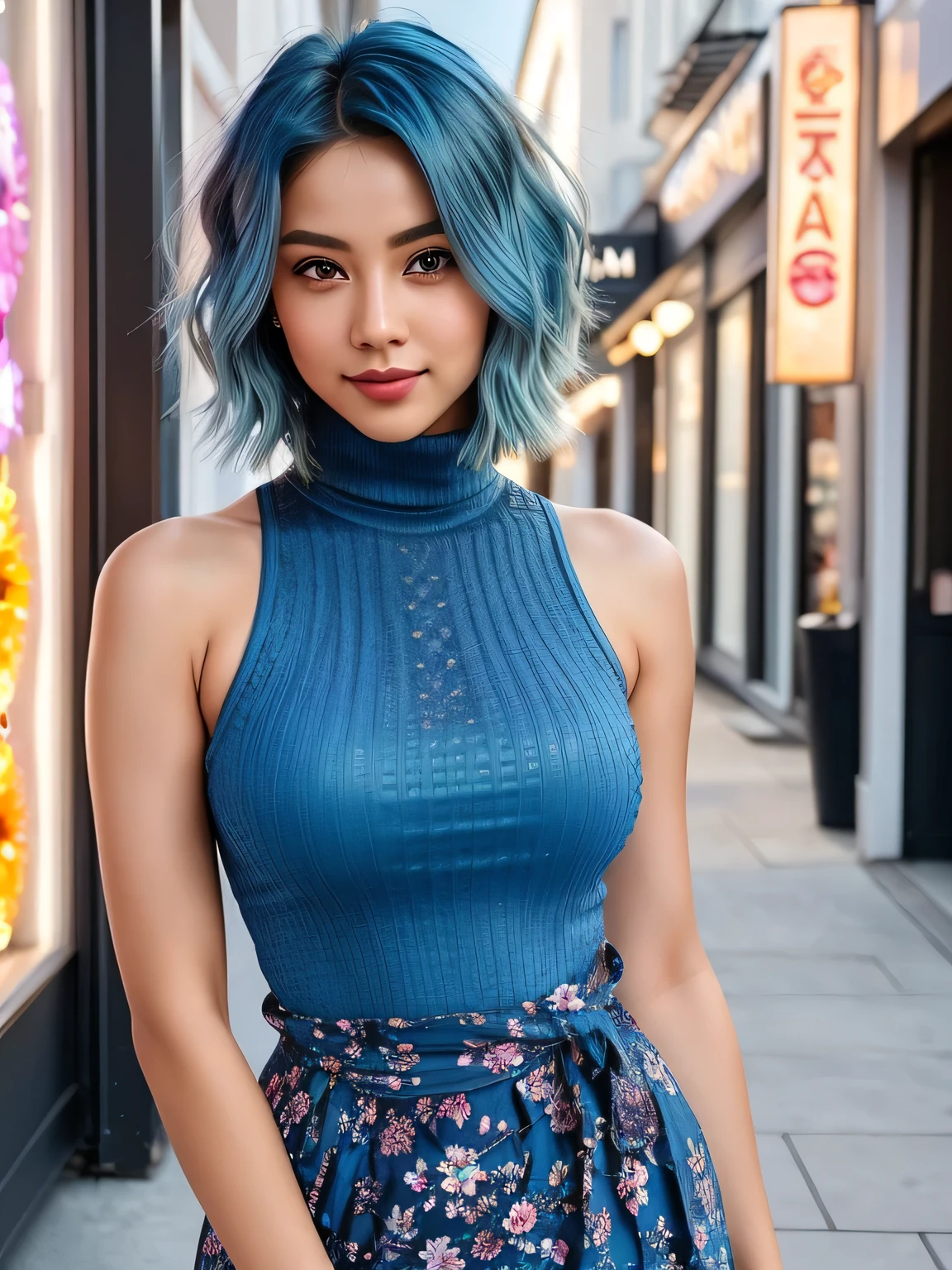 (blue hair:1.4), short hair, realistic green eyes, cobalt hair, long bob hair, tousled hair, shoulder length hair, Full body, woman with white skin and Asian features, 24 year old, big breast. She has a small, elegant nose with a slight upward curve at the tip. Her lips are full and naturally pink, with a well-defined Cupid's bow. Her teeth are straight and white, enhancing her captivating smile. Her face has an oval shape with high cheekbones that add to her model-like appearance. (crack), detailed (texture!, shine, color!!, flaws: 1.1), highly detailed glowing eyes, (looking at camera), specular light, dslr, extreme quality, crystal clear, cute face, detailed skin pores, oil Dark skin, brown, complex eye details, she is far from the camera, A full-body portrait, captured from a distance. Dynamic Frame, 8K,(cowboy shot, waist, hips, (thighs:1.2)), ((outdoors, city street, at night)), ((walking)) ((colorful floral print tight turtleneck dress)), (lipstick, eyeliner, eye shadow), perfect hourglass figure, slight smile,  (short hair:1.3).
, (short hair:1.3)