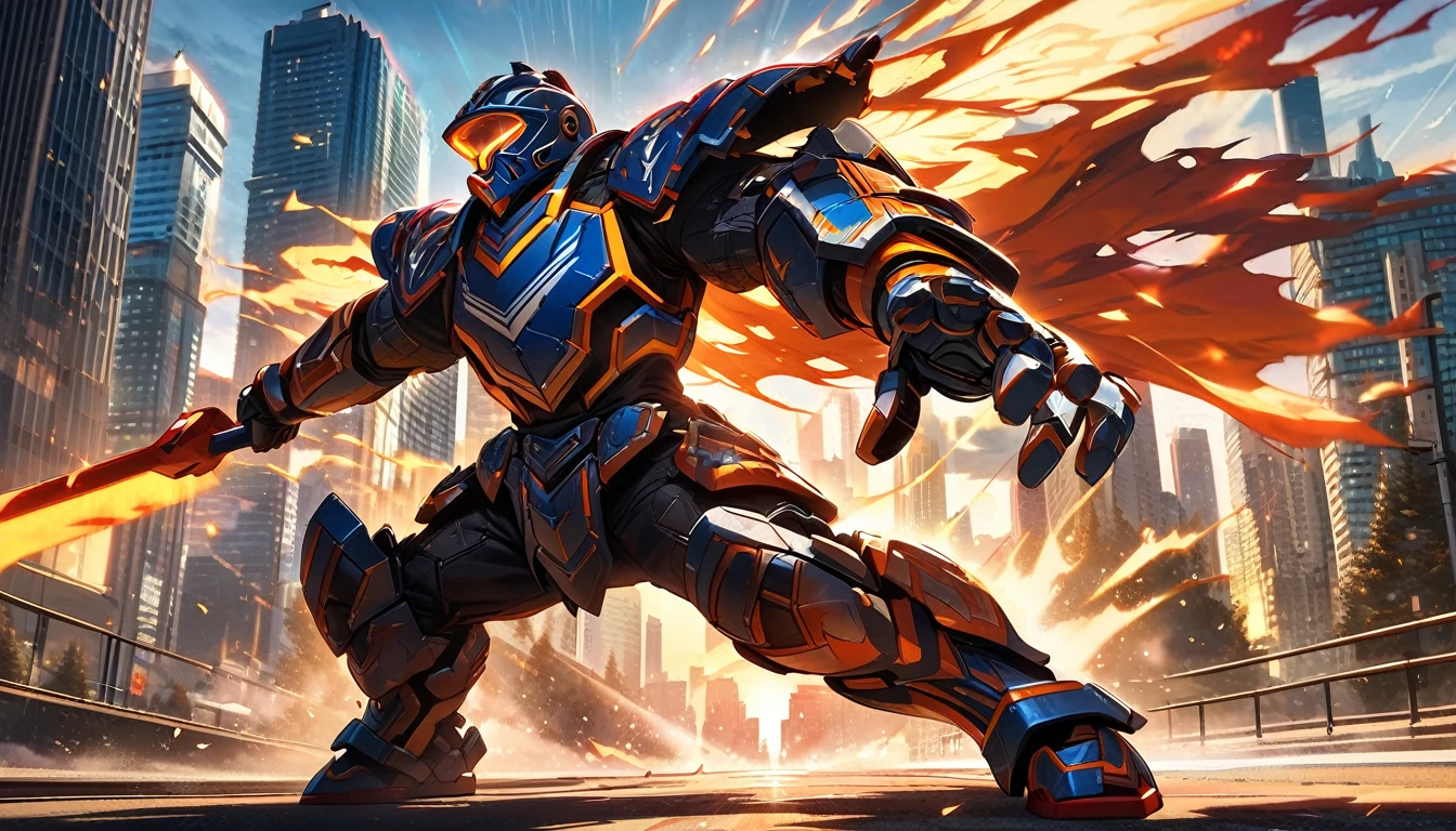 Large Mech-like suit standing, Downtown Vancouver, high-quality artwork, vibrant colours, detailed metal armour, intense lighting, cityscape background, heroic pose, dramatic shadows, black suit with red and yellow stripe highlights, dynamic motion, hockey goalie faceplate, hockey goalie helmet, epic superhero