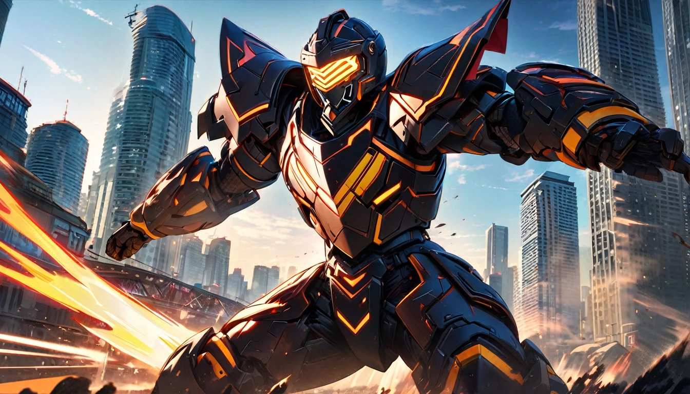 Large Mech-like suit standing, Downtown Vancouver, high-quality artwork, vibrant colours, detailed metal armour, intense lighting, cityscape background, heroic pose, dramatic shadows, black suit with red and yellow stripe highlights, dynamic motion, hockey goalie faceplate, hockey goalie helmet, epic superhero