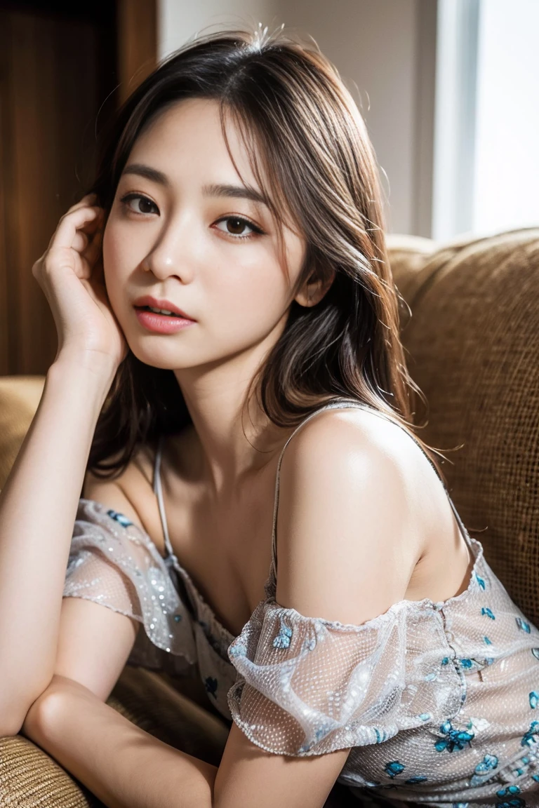 Dark brown hair、Light brown eyes、Japanese actress、 Lady、I am about 40 years old....、(Intricate details:1.2)、(Which is more expensive????:1.4)、 (Ultra-high resolution:1.2)、Ultra-high resolution、(fine adjustment)、(Detailed facial features)、Hmph、8k解像度、D cup size breasts、Long Hair、Large windows、Extravagant space、relax、、,Full body photo、Head to toe shot、Beautiful legs、Camisole dress、Beautiful legs、Breezy, Sunny living room、Big sofa in the living room、she, household items, (plant:0.8), Fashion Hub, Very detailedな, Very detailed, Realistic, Hourglass Shaped Body, Obscene pose,、、私 cry a lot、tears、person on the left、White wall、White floor、diagonally from below、please lift your chin、relaxした表情、Pose of Weakness、(auraroid photo:1.2)、From outside the window、Transparent painting、8k、32k、Highest quality、(Details of both eyes)、1 girl、elegant、(Loose dress :1.4)、sunset、sit、(I looked up and saw this:1.2)、Hilarious、Sleeping on the sofa、Top View。Looking into the camera、
