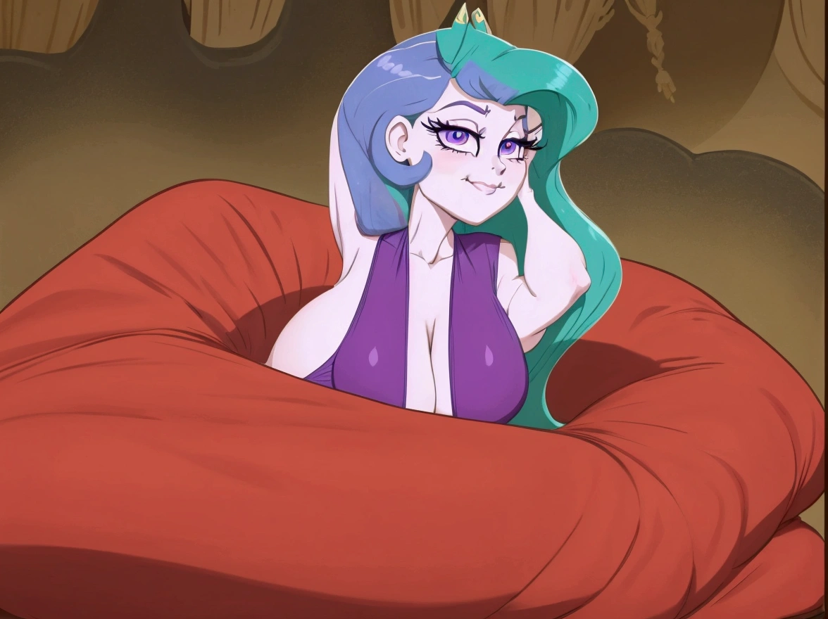 there is a cartoon of a woman with blue hair and a purple dress, sexy pudica pose gesture, holding a pudica pose, anthropomorphic mare, doing a hot majestic pose, windy mane, wistful bosom, serpentine pose, scales covering her chest, scales on her chest, nefarious smirk