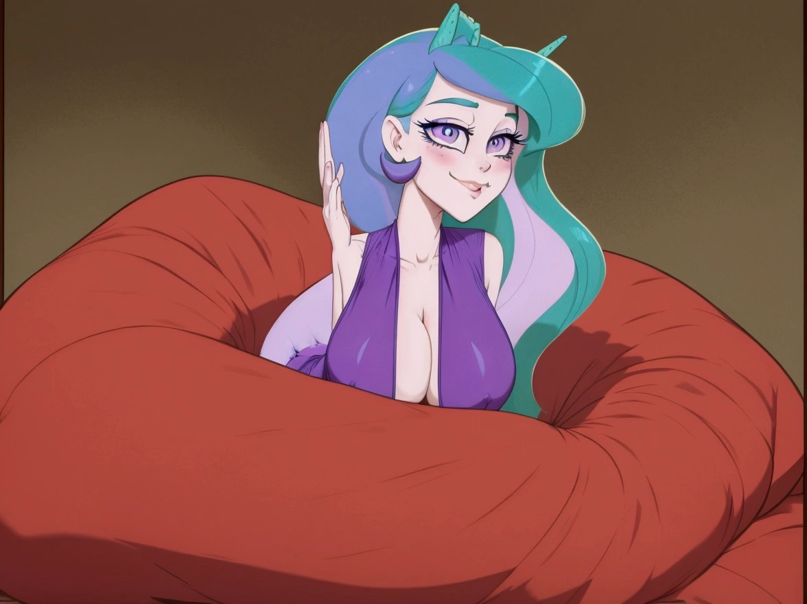 there is a cartoon of a woman with blue hair and a purple dress, sexy pudica pose gesture, holding a pudica pose, anthropomorphic mare, doing a hot majestic pose, windy mane, wistful bosom, serpentine pose, scales covering her chest, scales on her chest, nefarious smirk