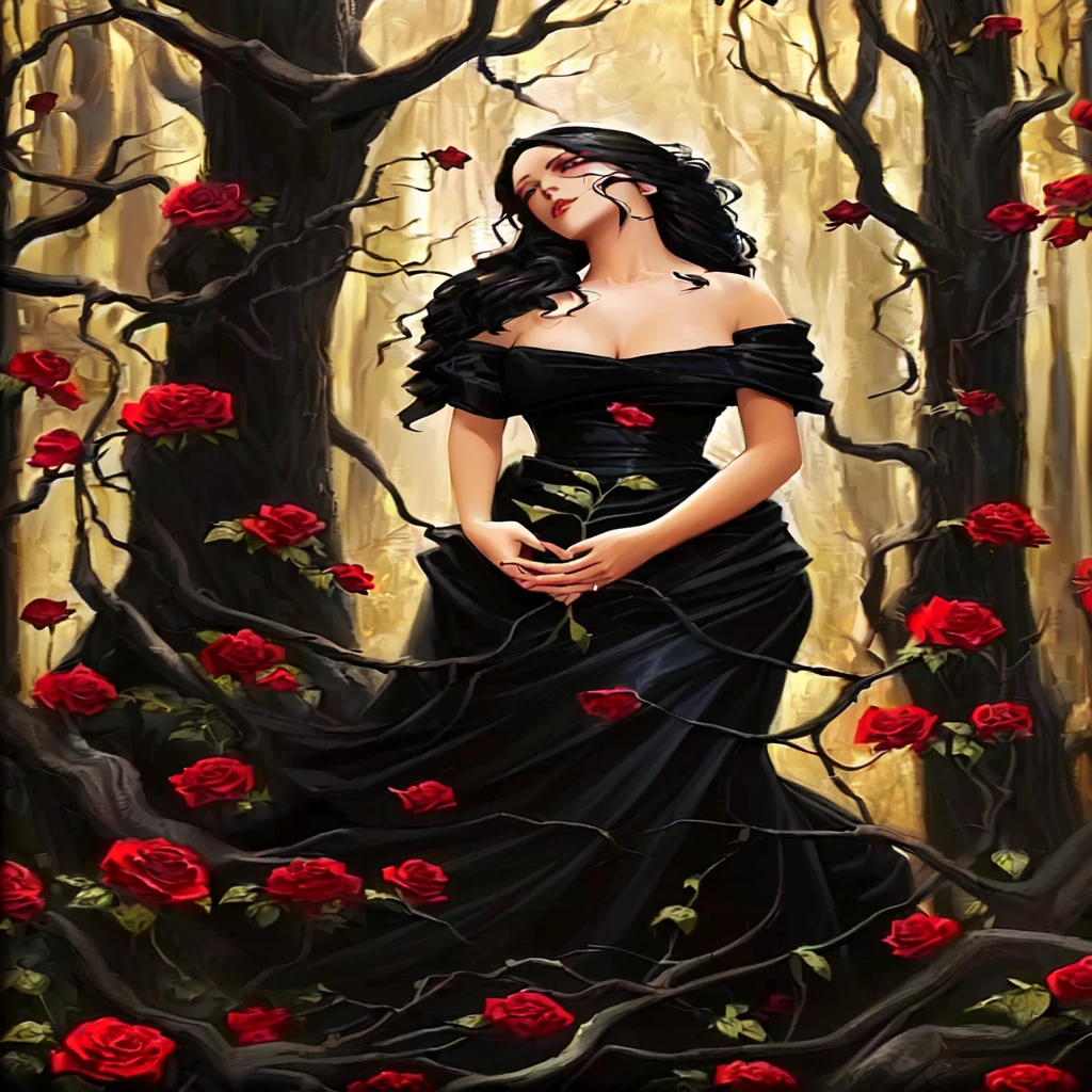a painting of a woman in a black dress standing in a forest, she is the queen of black roses, persephone as goddess of death, earley, persephone, persephone in spring, ray swanland, artstyle tom bagshaw, jana brike art, by Eddie Mendoza, dark beauty, gothic maiden, gothic painting, detailed 3d gothic oil painting