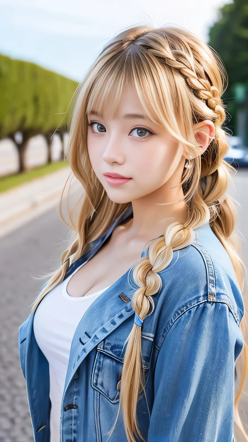 Sexy Big 、Sexy cute looks and cute  beautiful girl, beautiful and sexy face、A strong wind blows my hair in front of my face、beautiful long blonde French braided hair、beautiful, Cute and sexy eyes hidden behind long bangs