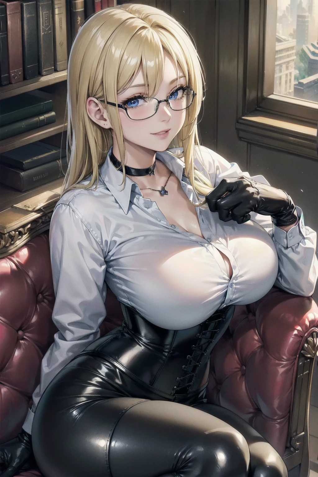 Masterpiece, Superior image quality, high resolution, 4k image,photo and gross, photorealistic, whole body, ung blonde of 15 years, sitting on a chair, {{{vagina}}}, big breasts, beautiful face, Long blonde hair, blue eyes, very detailed eyes, seductive expression, draw smile, glasses, choker:1.6, (white collar button down long sleeve shirt), black gloves, gloves that cover hands, (holds a book with his right hand), (black leather corset), (shiny black leggings), Sensual Lips, show details in the eyes, View from above, looking at the viewer, sitting in a library, at daytime