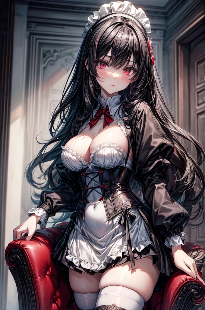 masterpiece, super detailed, precision art, beautiful young woman, 18 years old, waist length straight silky black hair, flawless pale white skin, beautiful blood red eyes, symmetrical face, sexy and beautiful but dangerous and deadly, staring into her eyes is as if you are being marked by a predator, thick and plump blood red lips, slender and athletic body, modest breasts, modest curves, small round ass, tall height(180cm), wearing elegant yet battle ready French maid uniform not showing excessive, thigh-high stockings and detached sleeves, hip level shot