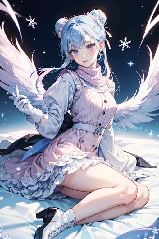 Sweater is a pale-skinned girl with pale pink cheeks and black button eyes. She has very pale blue hair shaped like buns composed of many snowflakes. One bun is bigger than the other. Her bangs are neatly brushed with a few locks loose. She wears a lilac frilly dress with two buttons on the chest and a peach-pink scarf. She wears pink gloves, tights, and socks with a pair of pale blue boots. She has wings composed of large white snowflakes. SPARKLE; GLITTER