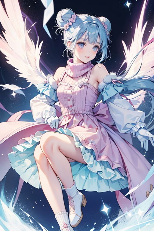 Sweater is a pale-skinned girl with pale pink cheeks and black button eyes. She has very pale blue hair shaped like buns composed of many snowflakes. One bun is bigger than the other. Her bangs are neatly brushed with a few locks loose. She wears a lilac frilly dress with two buttons on the chest and a peach-pink scarf. She wears pink gloves, tights, and socks with a pair of pale blue boots. She has wings composed of large white snowflakes. SPARKLE; GLITTER