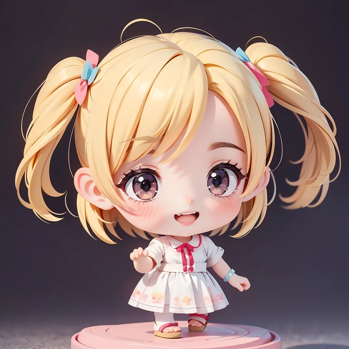  Super Chibi Character：1.8、wearing cute sandals、background：Simple all over、Blonde Hair、Cute 7 year old girl、Random cute outfits、Short legs、Sandals with ribbon、running：1.8、Super Happy Smile：1.8