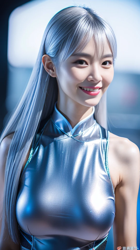 K Ultra HD，Jilin female model，Sexy hot strong body，muscular，Very tall body，Elongated face shape1.3，whole body，Smile，Silver hair，Chinese hairstyle，Futuristic sci-fi floral film Hanfu，Science fiction Chinese style