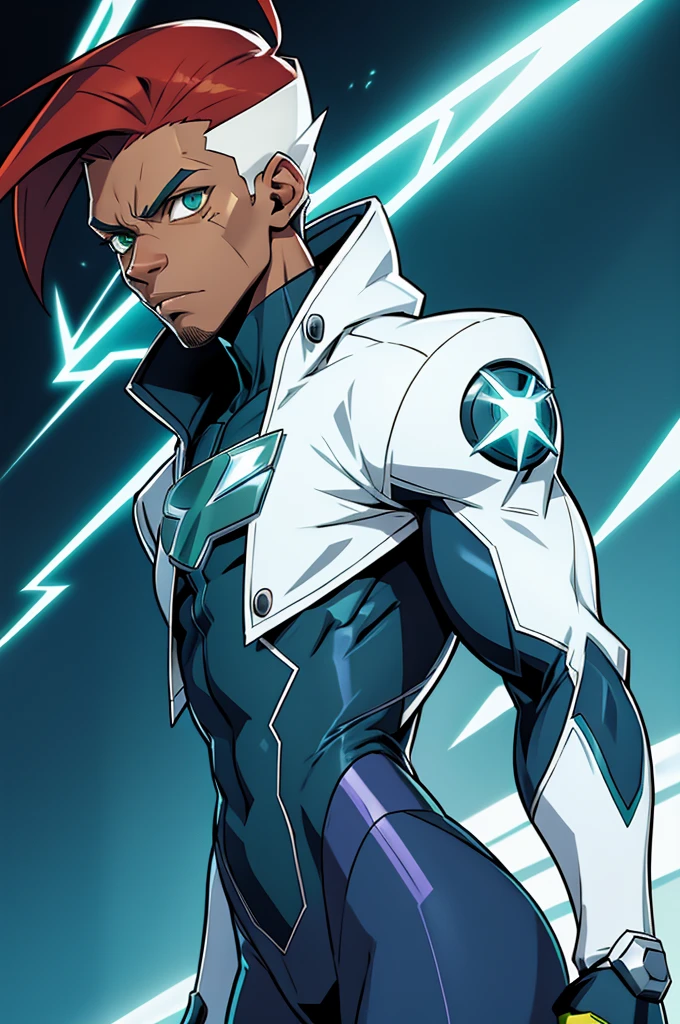 static shock, white version, redhead with green eyes, naughty man, with clothes like static shock, with rays in the background, style cartoon