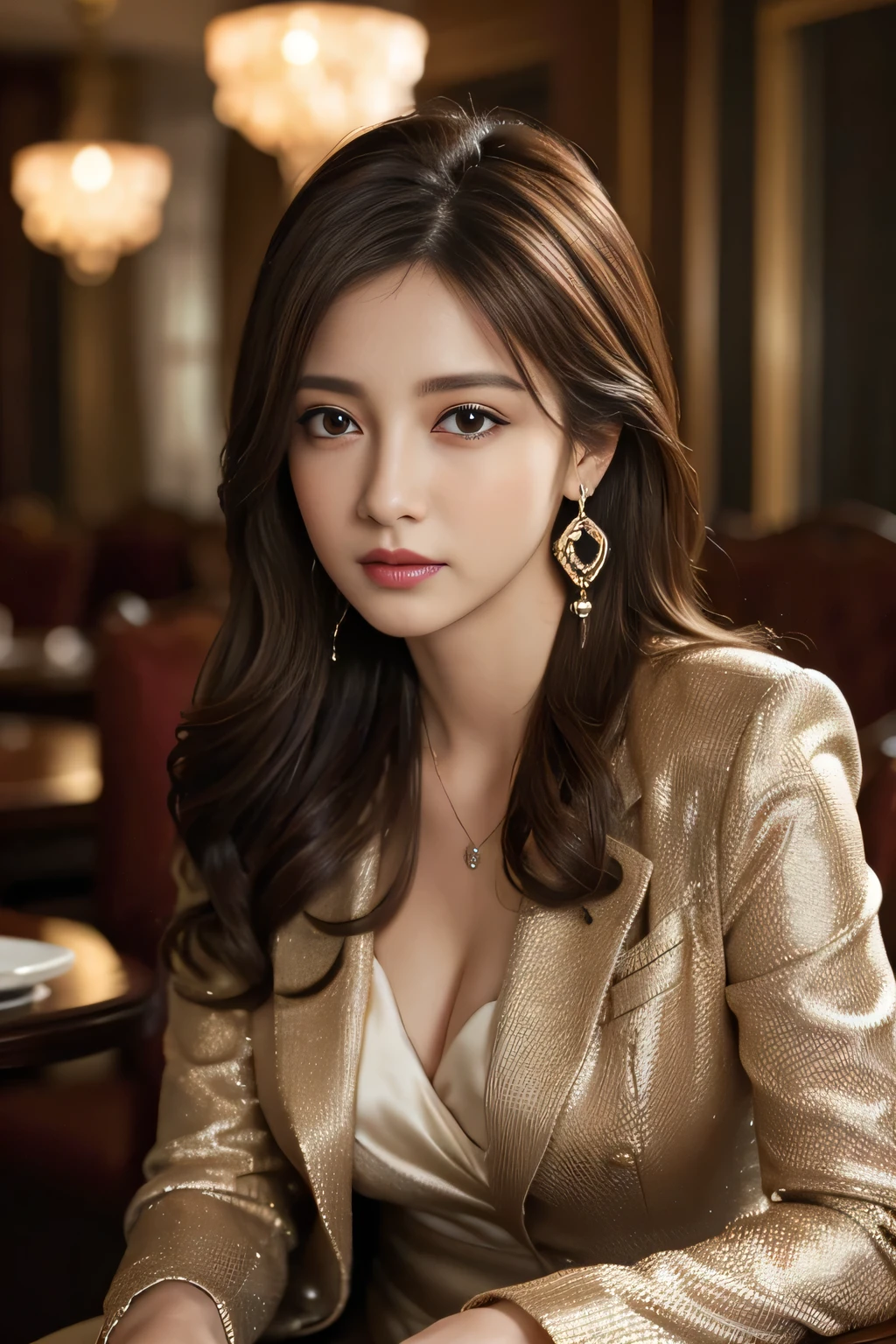masterpiece, Highest quality, Realistic, Very detailed, Finer details, High resolution, 8k wallpaper, One beautiful woman, Wear a nice suit, In a great restaurant, At night, Light brown messy hair, Perfect dynamic composition, Beautiful and beautiful eyes、Big earrings、Sitting in a chair、