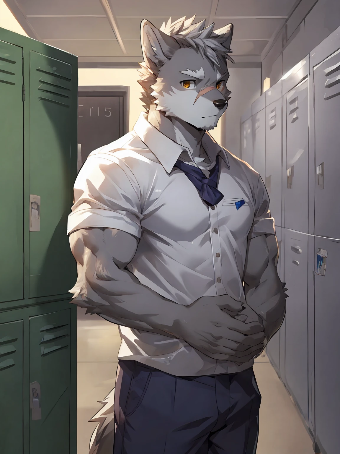 embedding:Gray wolf,Golden Eyes,Single Person,a scar on the face.Gray fur,High school students,male school uniform,A buzz cut,no hair,gray fur,gray hair,Standing by the school locker,Male,Handsome,muscle,A little nervous,Smart,Best quality hands, best quality eye,detailed fur,Delicate eyes.Extreme picture quality,by sollyz,by zixiong,by milkytiger1145