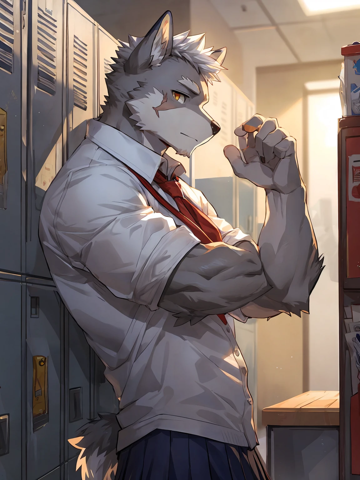embedding:Gray wolf,Golden Eyes,Single Person,a scar on the face.Gray fur,High school students,male school uniform,A buzz cut,no hair,gray fur,gray hair,Standing by the school locker,Male,Handsome,muscle,A little nervous,Smart,Best quality hands, best quality eye,detailed fur,Delicate eyes.Extreme picture quality,by sollyz,by zixiong,by milkytiger1145