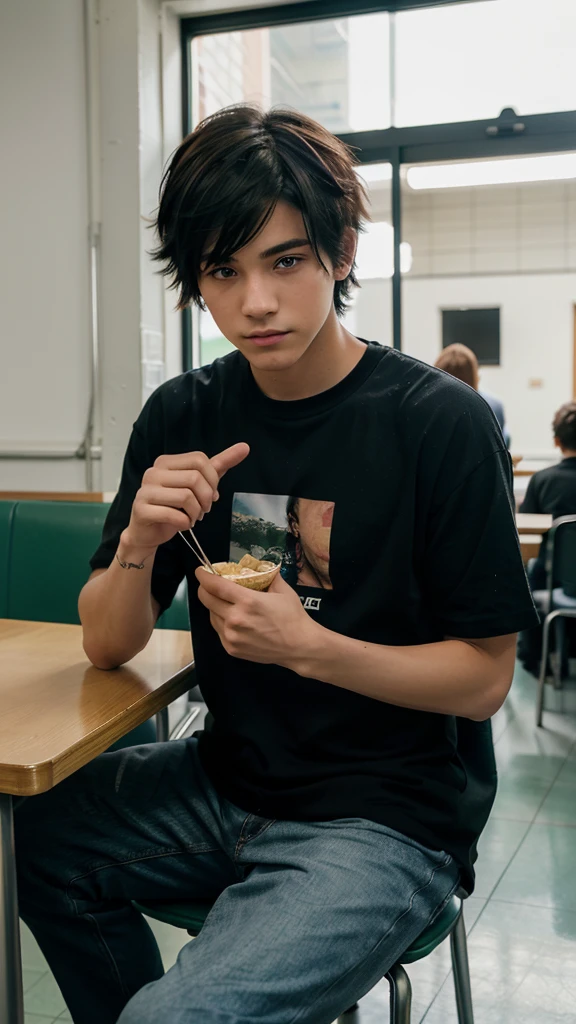 anime: A 15-year-old anime boy was sitting in the cafeteria of his high school., He had facial features that made him look cute., His short hair was a light raven color., He had heterochromia which differentiated him from the rest., with his left eye green and the other red, He seemed somewhat disinterested around him., I was not eating, in fact, I just looked at the window thoughtfully