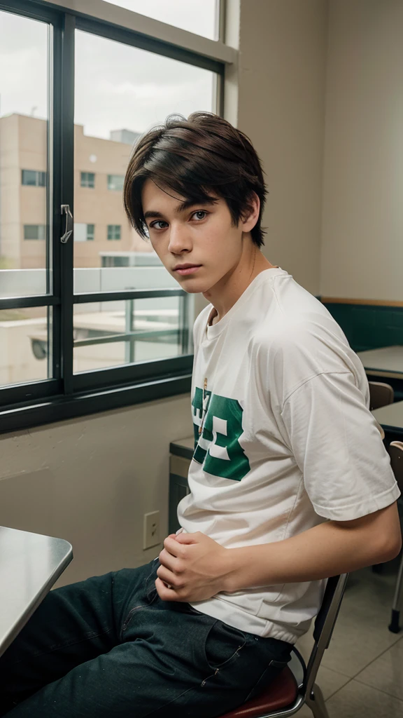 anime: A 15-year-old anime boy was sitting in the cafeteria of his high school., He had facial features that made him look cute., His short hair was a light raven color., He had heterochromia which differentiated him from the rest., with his left eye green and the other red, He seemed somewhat disinterested around him., I was not eating, in fact, I just looked at the window thoughtfully 