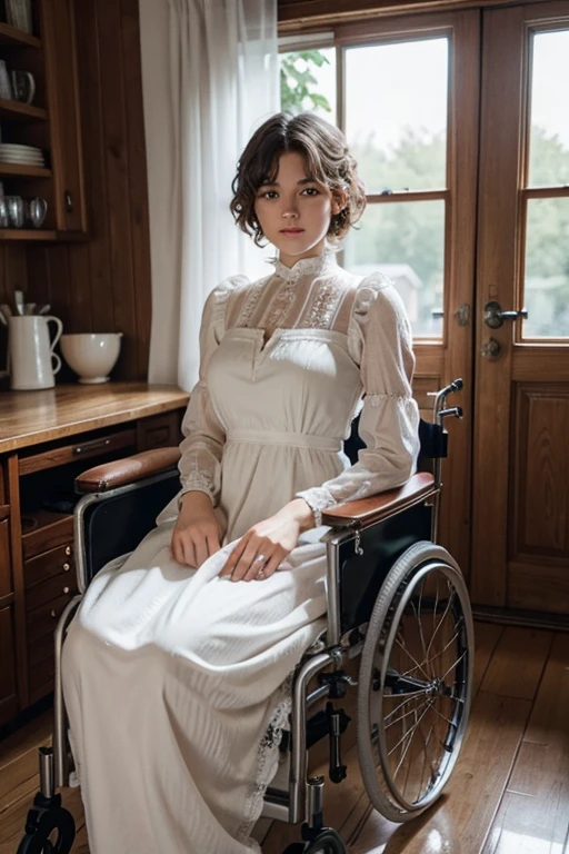 An 18 year old girl, He has short hair, white and very curly, She is very beautiful, with a Nordic aspect, very beautiful, and she is wearing a long orange dress from the Victorian era, wheelchair bound, inside an old house
